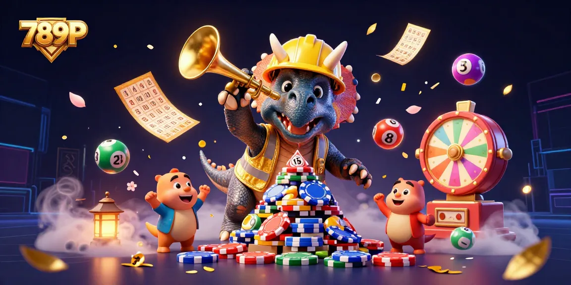 Engage with the thrill of 789P as a triceratops builds poker chip pyramids in a vibrant casino scene.