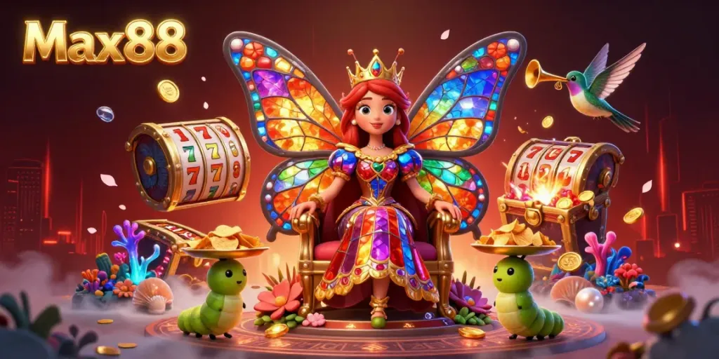 Experience thrilling slots at Max88 with a vibrant casino-themed scene featuring the butterfly queen and golden chips.