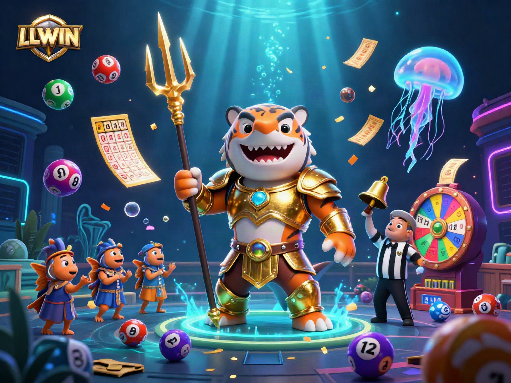 Experience the thrill of LLWIN in this dynamic underwater gambling scene featuring a gladiator shark.