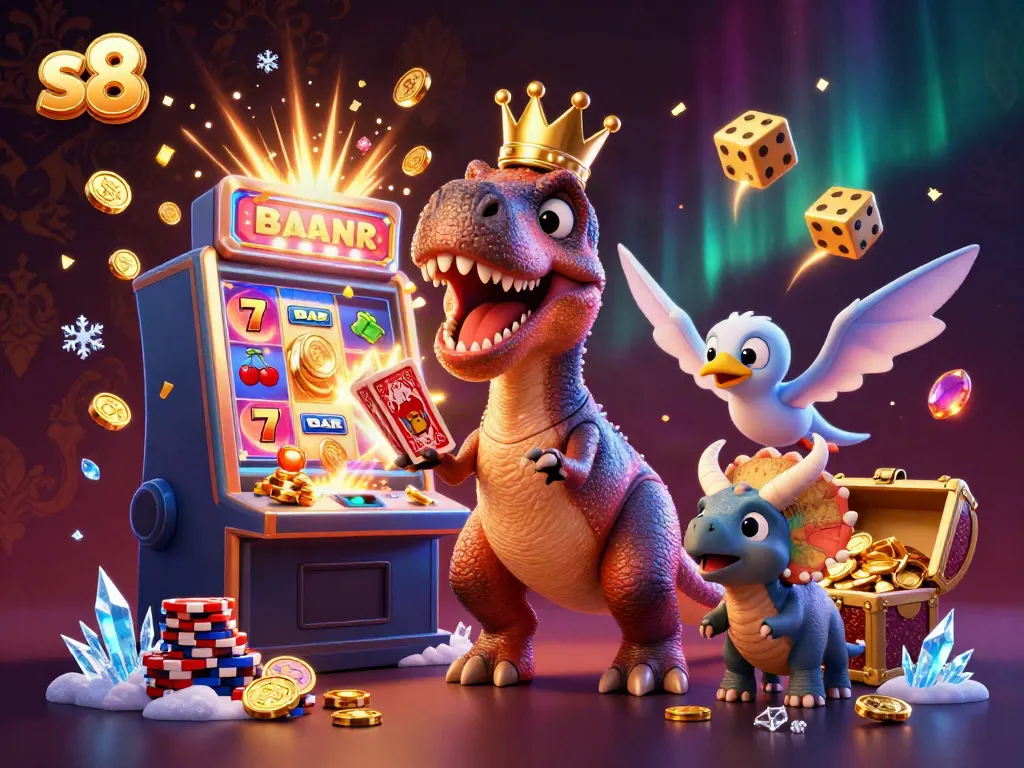 S8 Casino Scene: T-Rex shuffling cards with a pterodactyl's help amidst a slot machine explosion of coins.