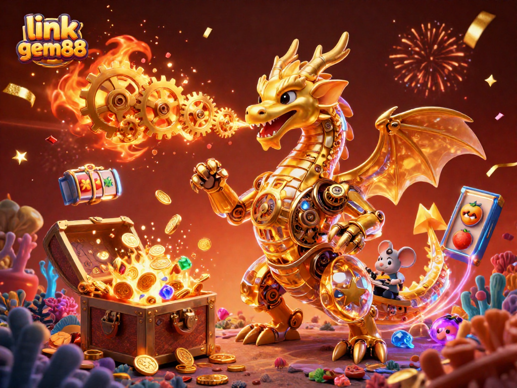 Win big with link gem88 alongside a golden dragon in a rich casino-themed scene bursting with excitement.