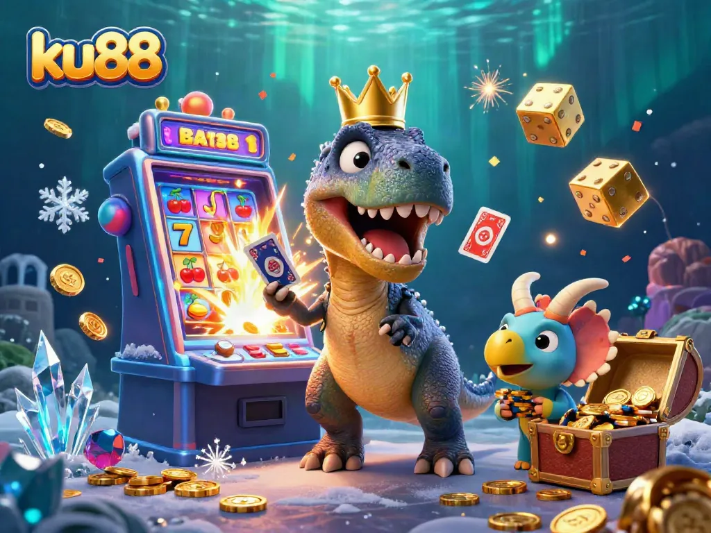 Experience the excitement of ku88 with a T-Rex shuffling cards, a pterodactyl assisting, and a triceratops stacking chips.