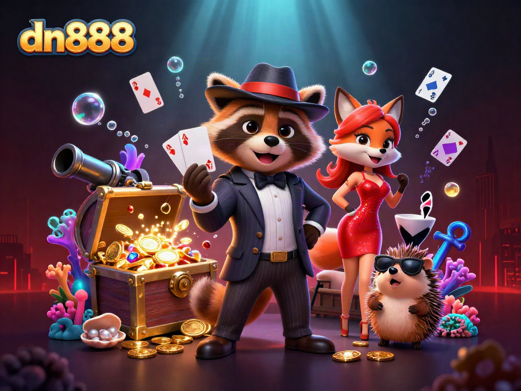 Experience the thrill of winning with dn888, featuring a suave raccoon and fox in a casino setting.