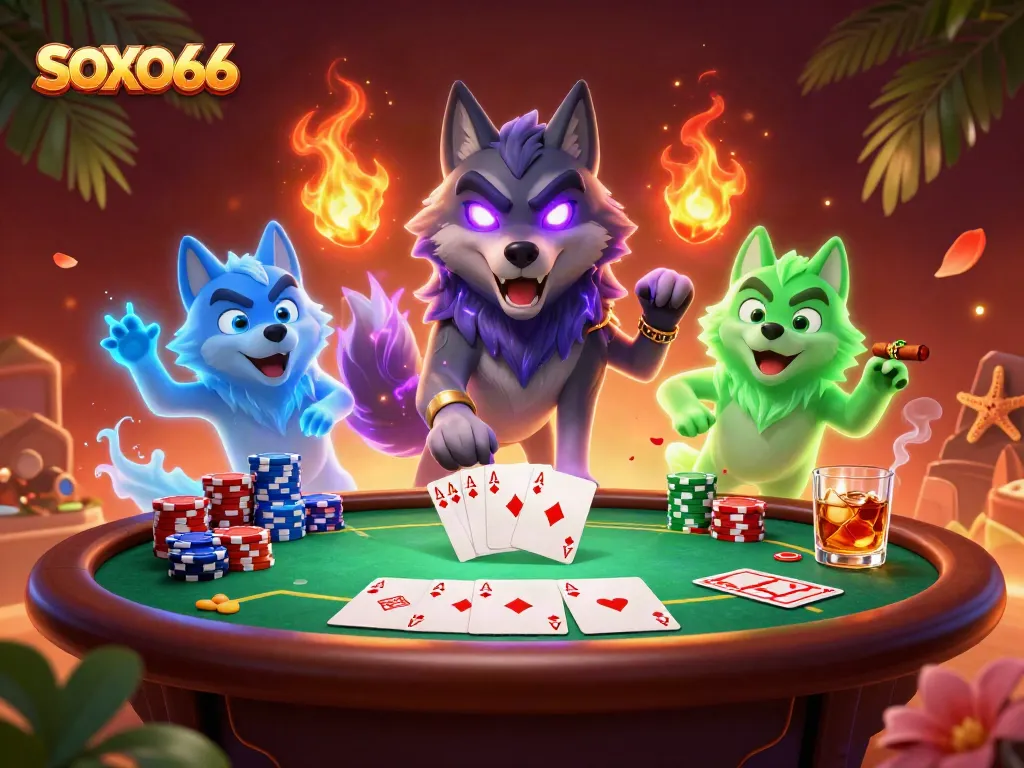 SXO66 showcases an energetic poker scene with spectral wolves and vibrant poker elements