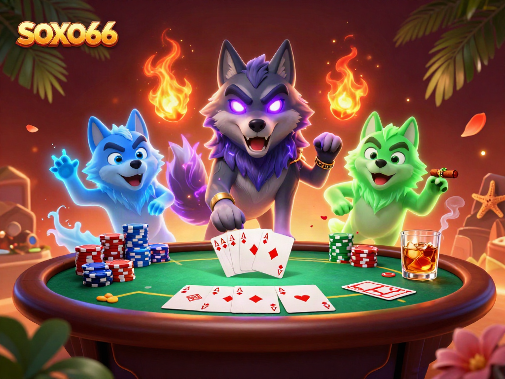 SXO66 showcases an energetic poker scene with spectral wolves and vibrant poker elements