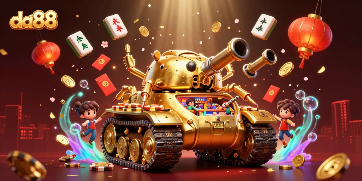 Experience da88's vibrant casino world with a golden beetle tank revealing a mini casino.