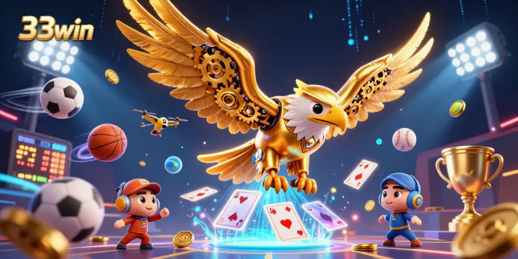 33win showcases a dynamic casino scene with cybernetic eagle and holographic cards in action.