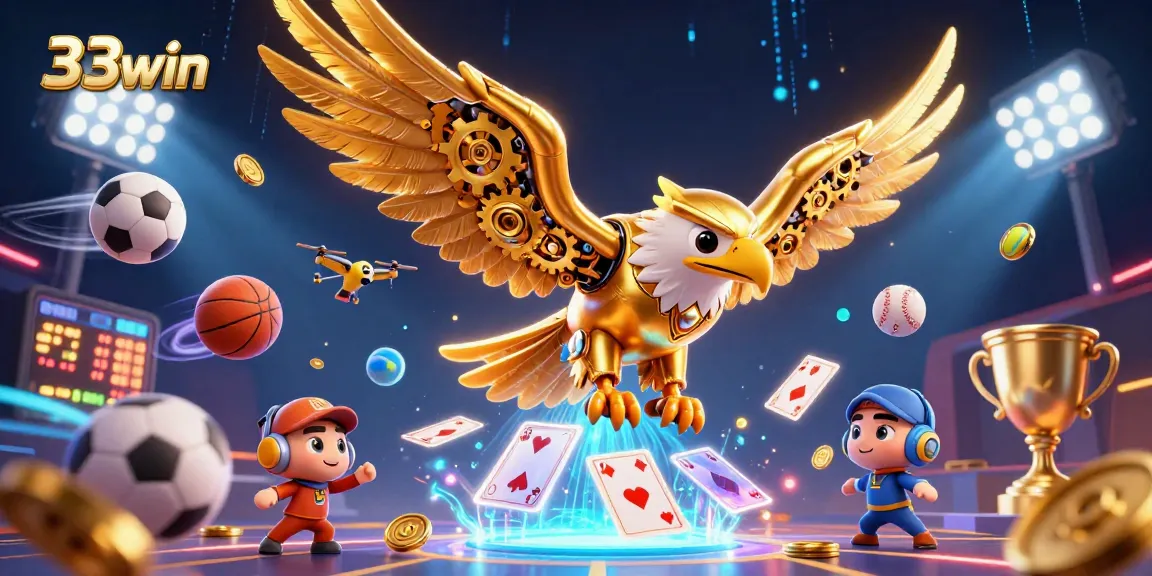 33win showcases a dynamic casino scene with cybernetic eagle and holographic cards in action.