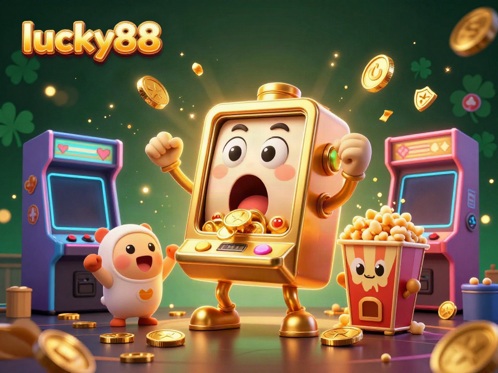 Experience excitement with lucky88 as a golden slot machine hits the jackpot, surrounded by cheering characters and gaming elements.