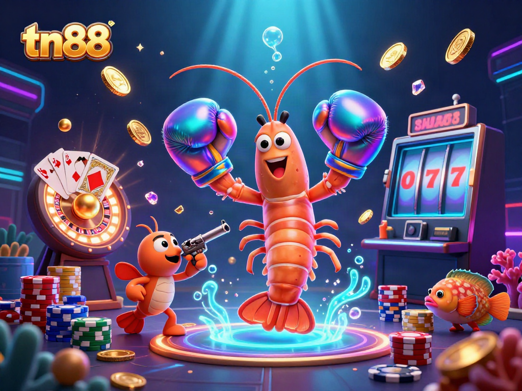 Engage with tn88's vibrant casino scene featuring a mantis shrimp, $ winning coins, and lively gems.