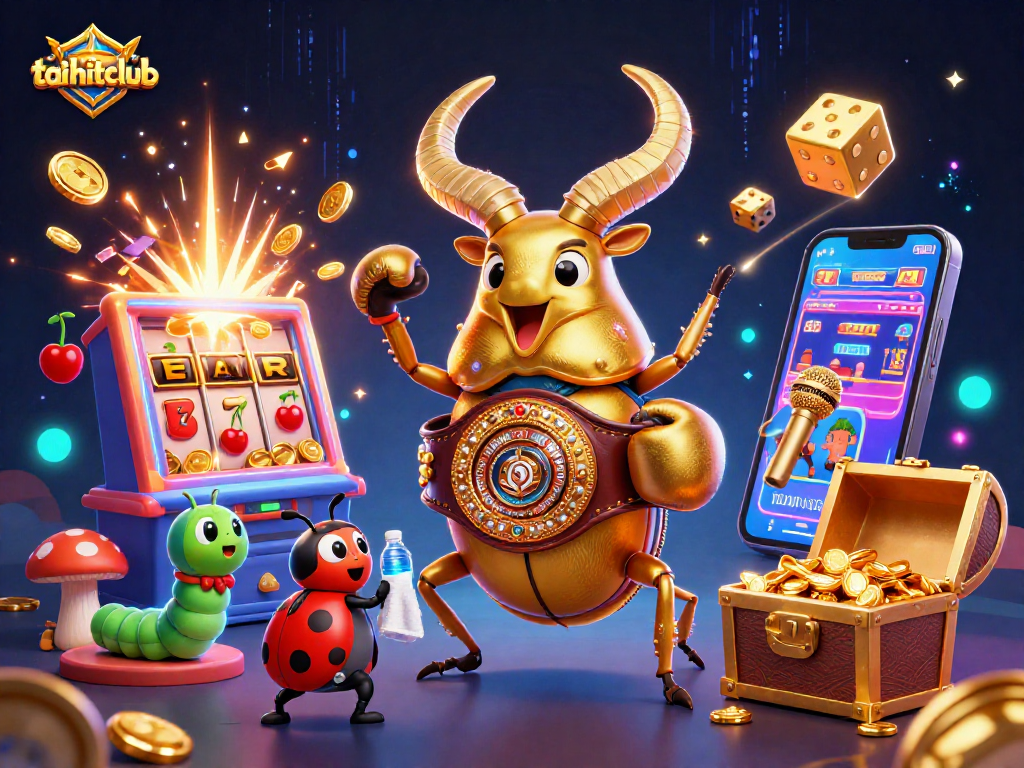 Experience the excitement of taihitclub with a vibrant 3D casino illustration showcasing dynamic characters and casino elements.
