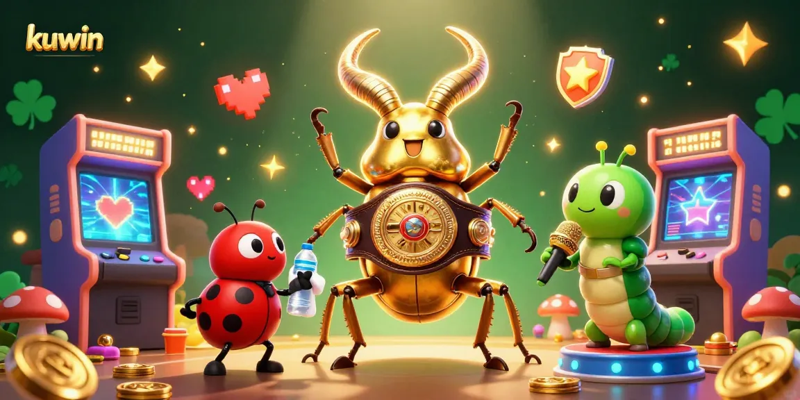 Kuwin showcases a giant golden stag beetle boxing, vibrant slot elements, and dynamic gaming aura.