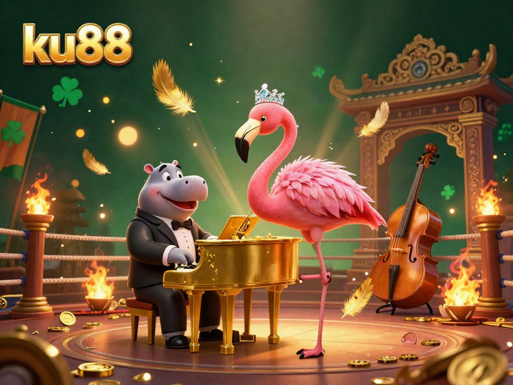 Experience vibrant gaming energy at ku88 with a flamingo singer and hippo bassist in a lively 3D casino.