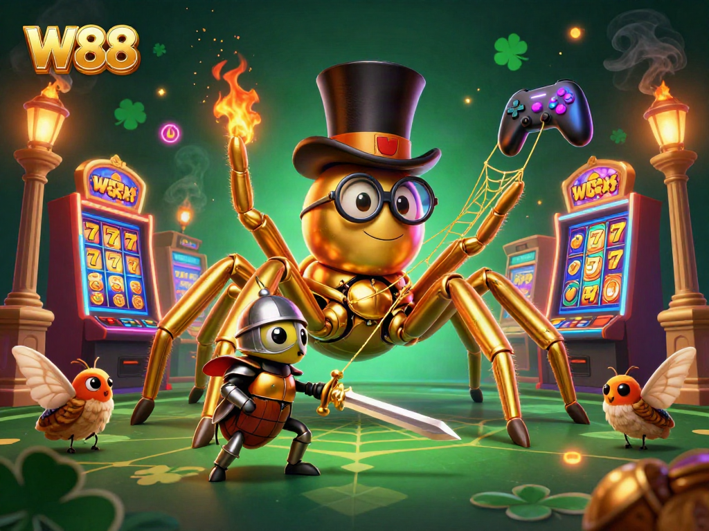 Amplify your wins at W88 with a vibrant casino scene featuring golden characters and dynamic gaming elements.