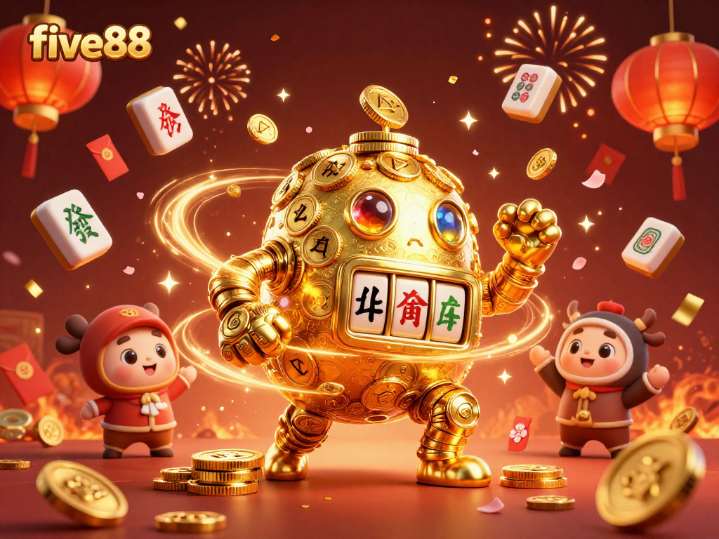 Experience the thrill of five88 with a golden golem and vibrant casino elements celebrating winning moments.