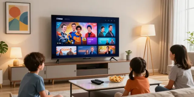 Family enjoying USA IPTV in a cozy living room with warm lighting.