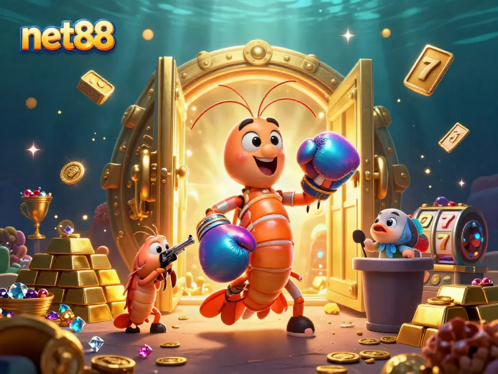 Experience net88's thrilling casino atmosphere with vibrant 3D characters and sparkling treasures.