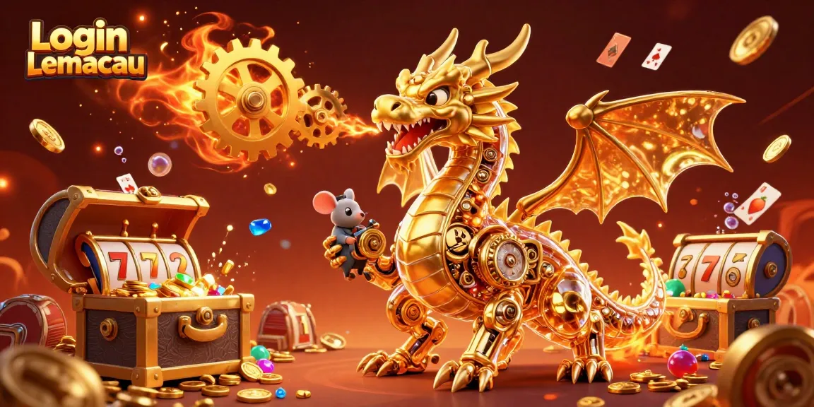 Interact with the vibrant gaming scene of Login Lemacau featuring a golden dragon and dynamic slot machines.