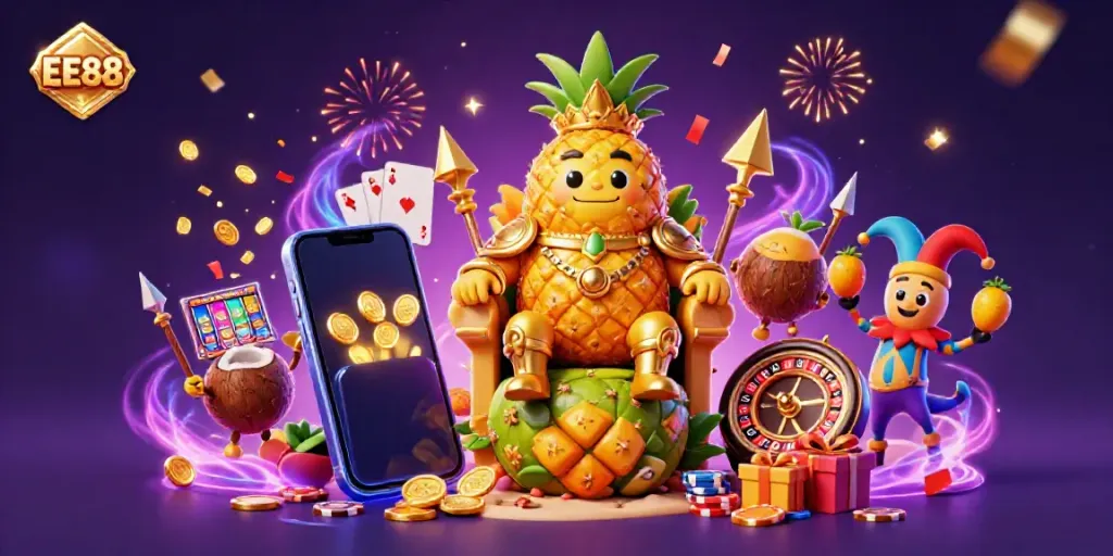 Engage with EE88's vibrant casino scene featuring a golden pineapple king, slots, and festive elements.
