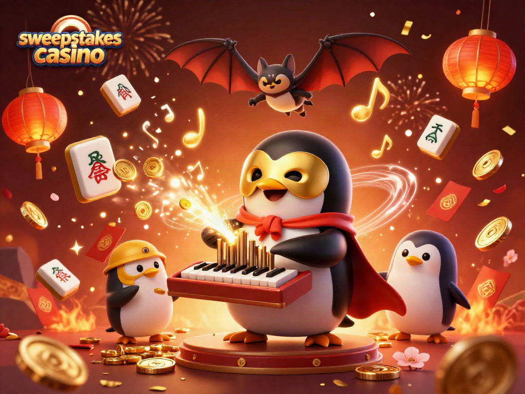 Experience the excitement of a sweepstakes casino with a vibrant 3D illustration of a musical penguin.
