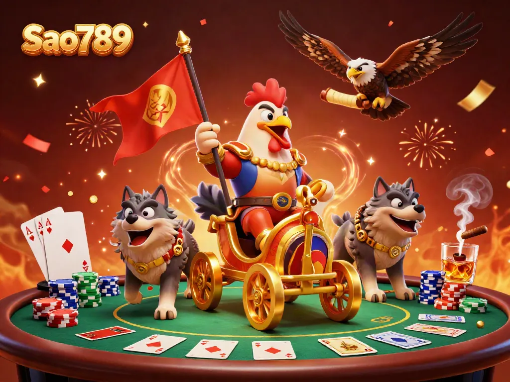 Experience thrilling gameplay with Sao789 in this vibrant casino scene featuring a cartoon rooster warlord.