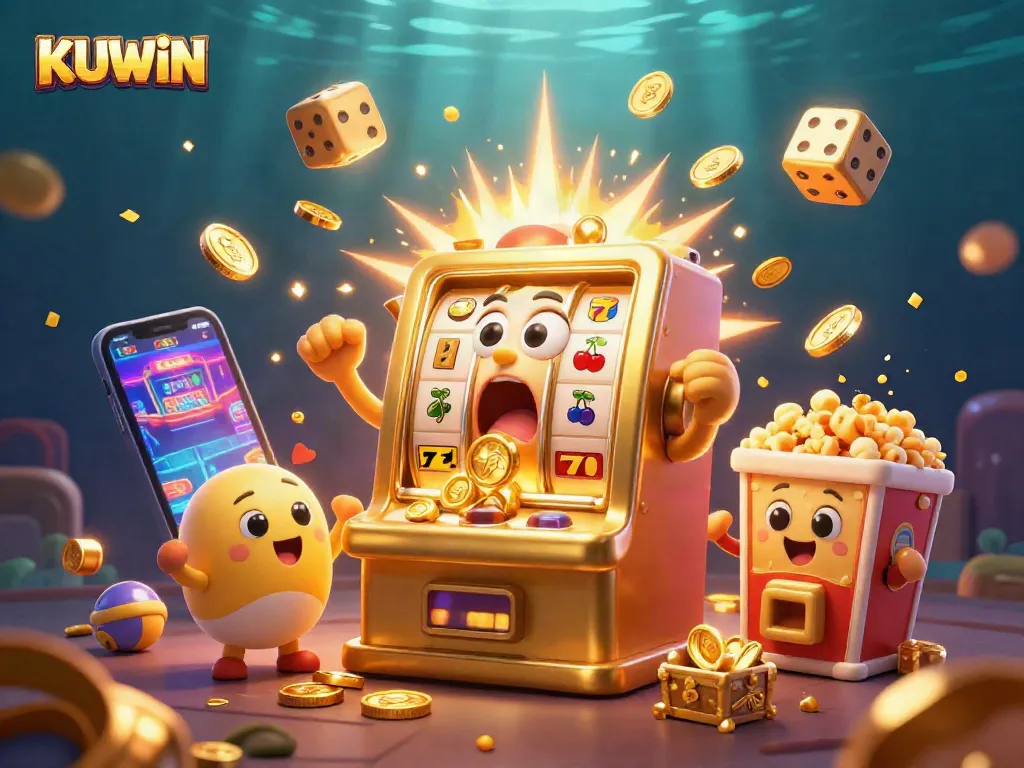 KUWIN slot machine hits a jackpot with coins pouring out, showcasing thrilling gameplay action.