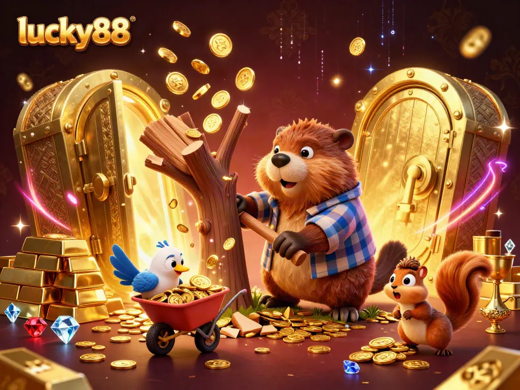Experience lucky88's vibrant casino scene with animated characters collecting gleaming treasures.