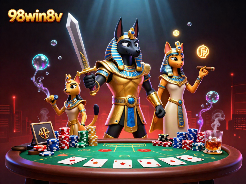 Engage in thrilling poker action at 98win8v with Anubis and Bastet amidst dynamic casino elements.