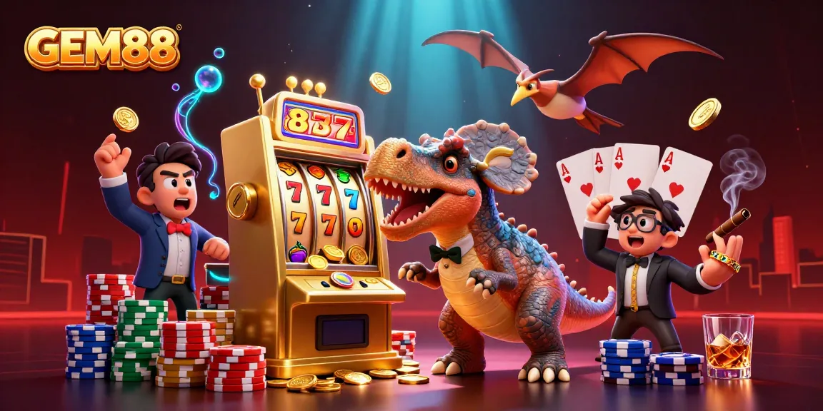 GEM88 showcases a vibrant scene with dinosaurs engaging in a thrilling jackpot at a casino.