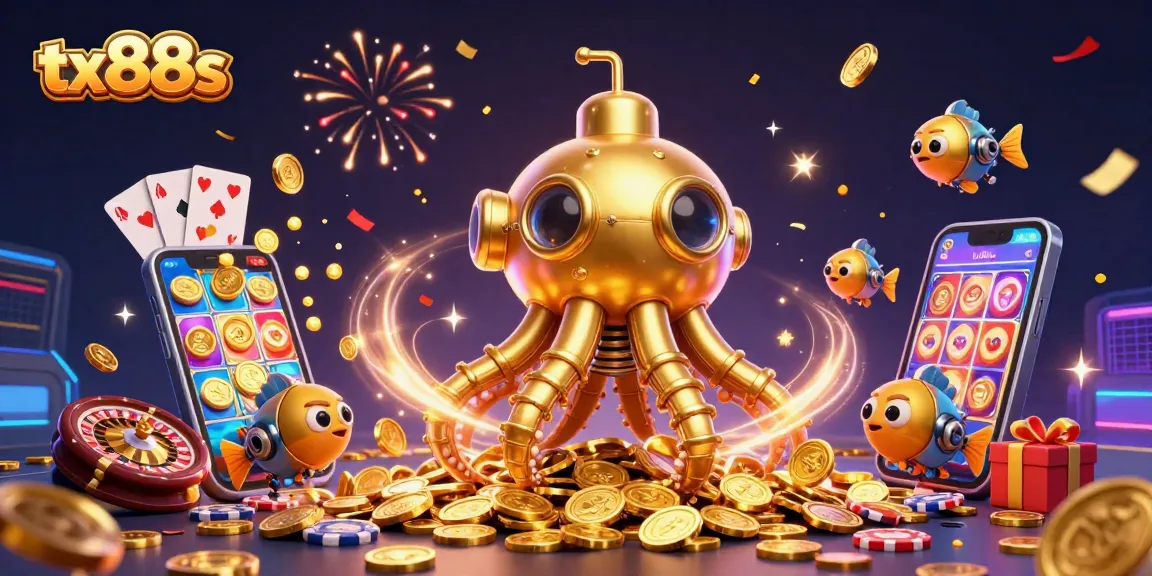 Experience thrilling action in tx88s with the golden kraken submarine amidst coins and slot games.