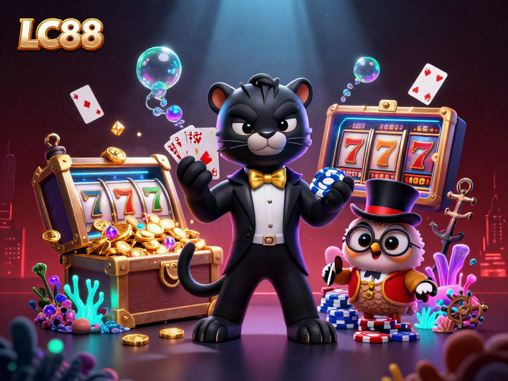 Experience thrilling gameplay at LC88 with a stylish panther dealer managing cards amidst jackpots and treasures.