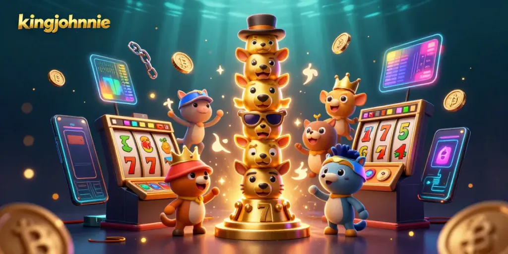 Engage in thrilling gaming at kingjohnnie with vibrant slot reels and a cartoon golden totem.
