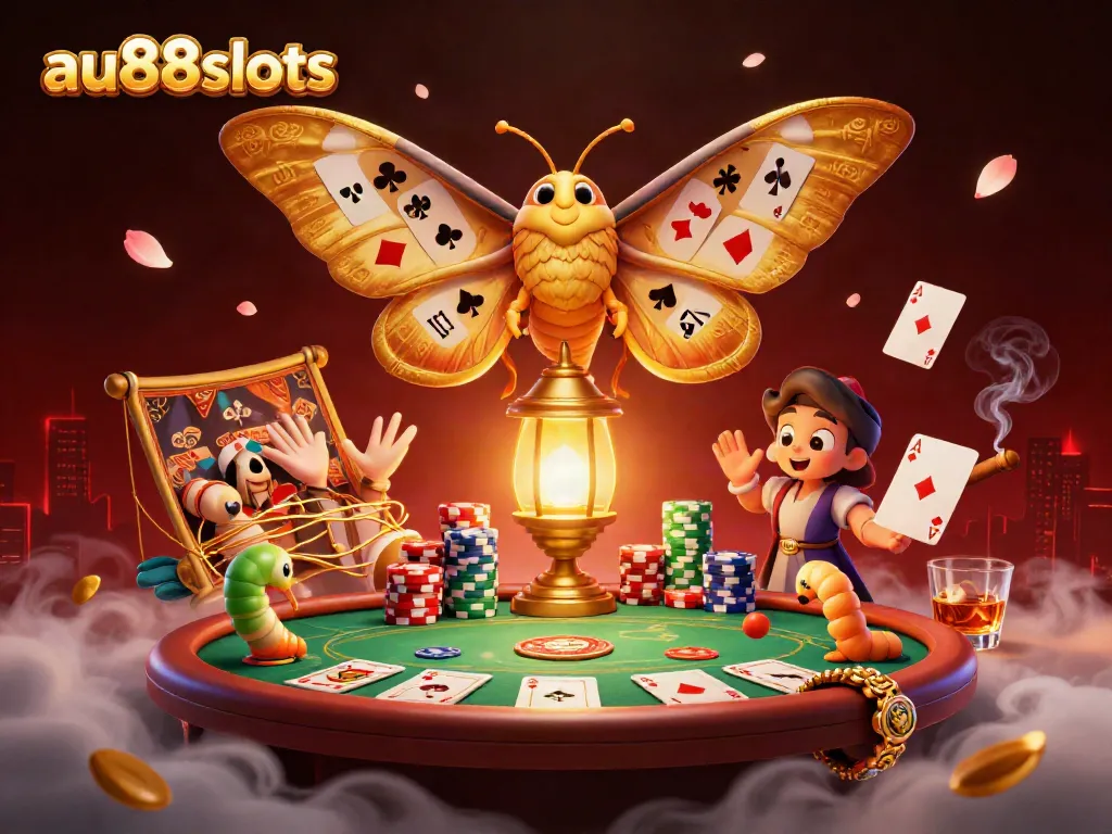Experience the excitement at au88slots with a vibrant 3D casino scene featuring an atlas moth, poker chips, and a glowing ambiance.