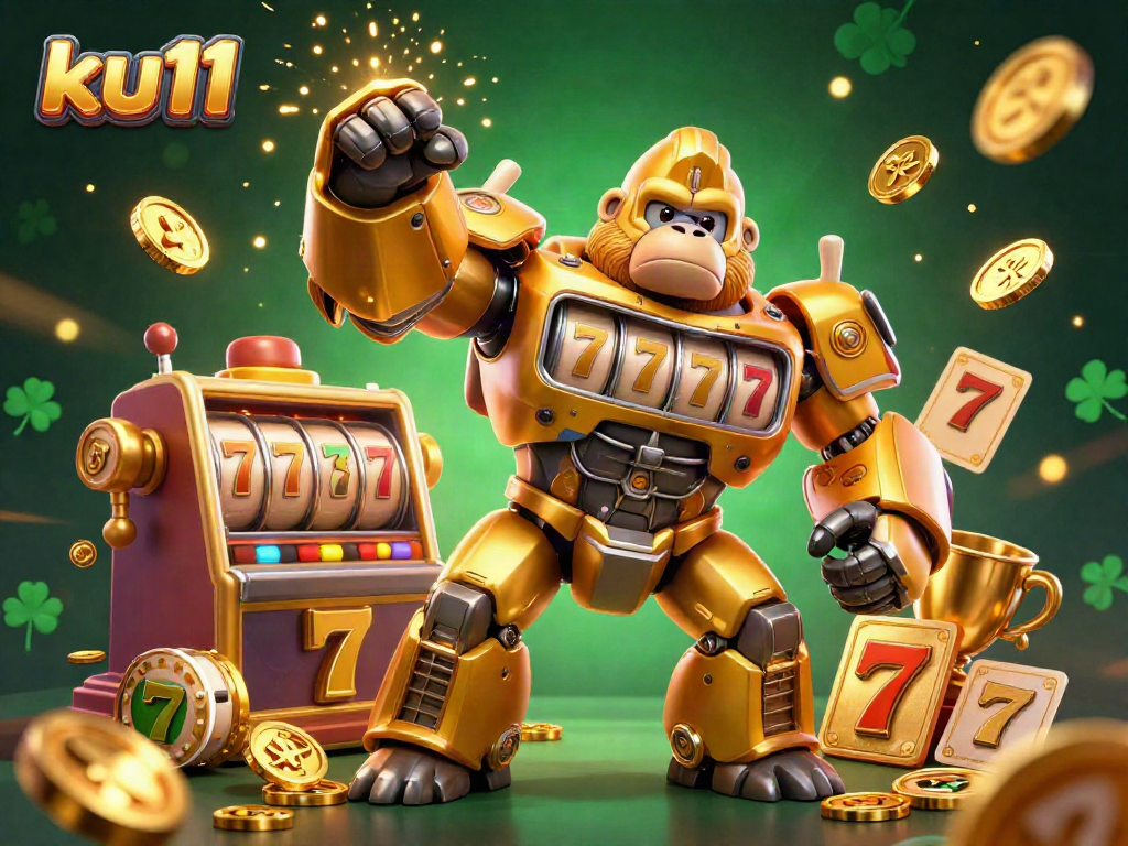 ku11 showcases a vibrant and energetic casino scene with a golden gorilla mech and slot reels.