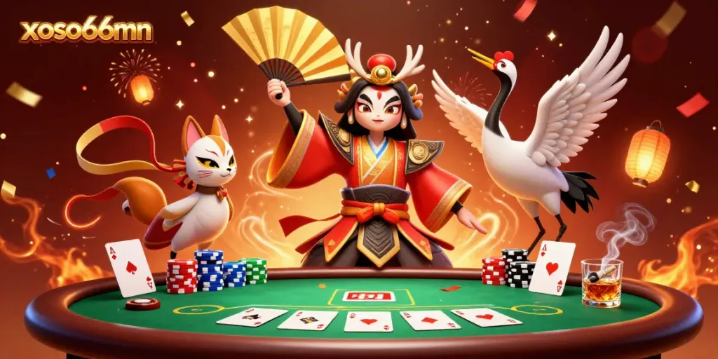 Experience the excitement of xoso66mn with a vibrant 3D casino scene featuring kabuki and kitsune characters.