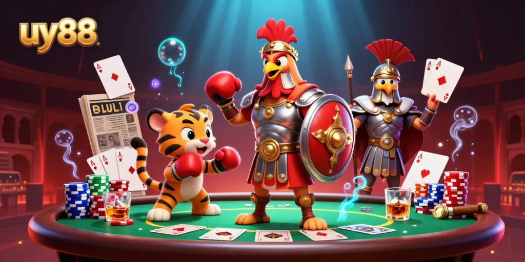 Experience the thrill of uy88 casino action with a vibrant 3D scene featuring a gladiator rooster and poker elements.