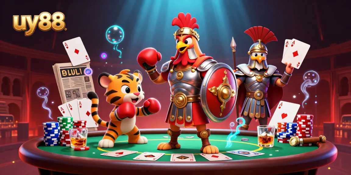 Experience the thrill of uy88 casino action with a vibrant 3D scene featuring a gladiator rooster and poker elements.