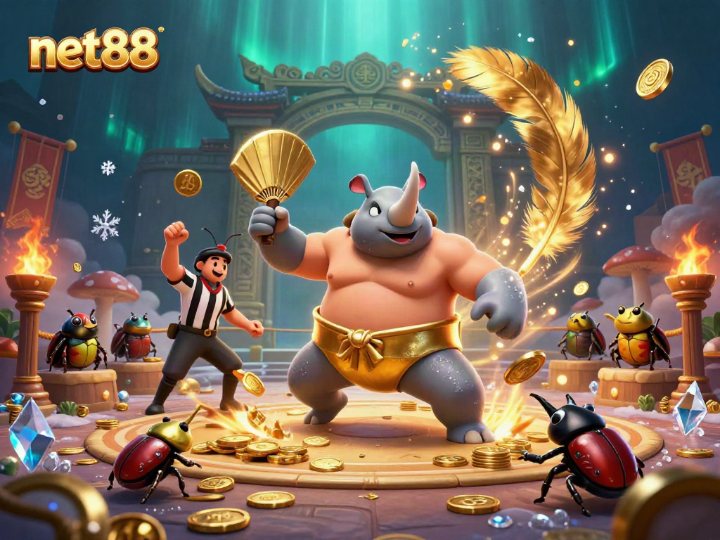 Experience the thrilling action of net88 with a dynamic scene of a sumo beetle and cricket referee in an Asian-style arena.