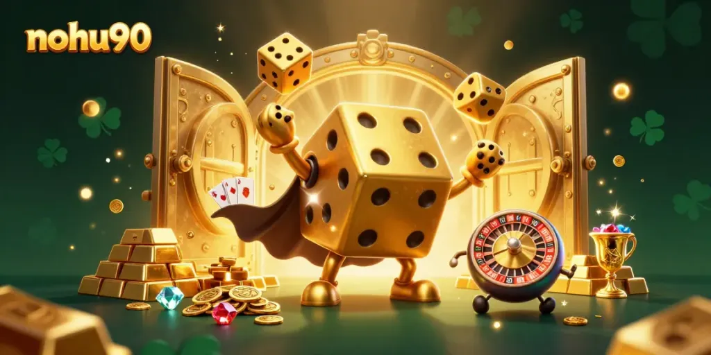 Playfully promoting nohu90, a vibrant scene with golden dice, treasure, and casino elements