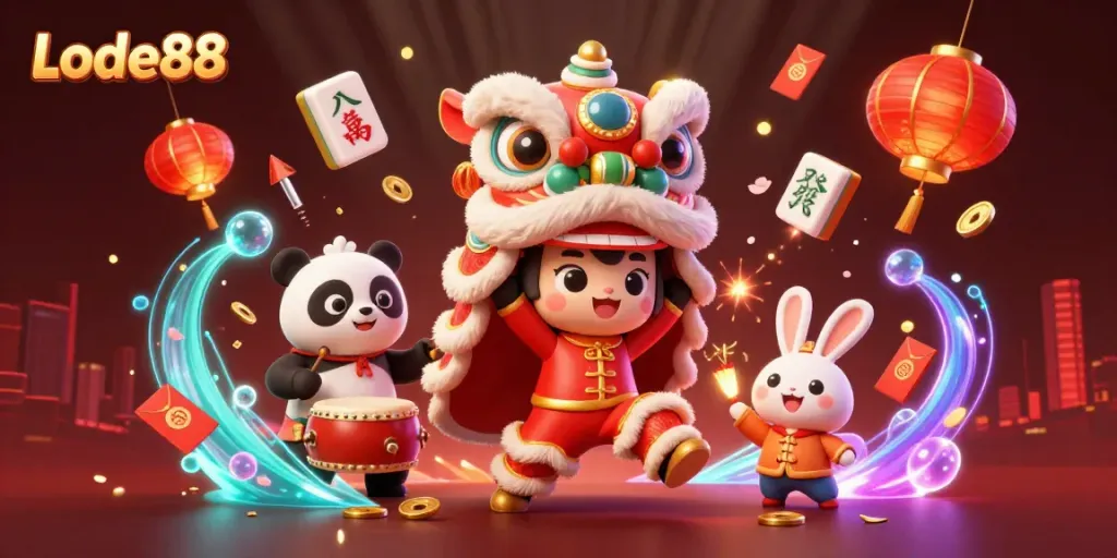 Experience festive Lode88 celebrations with vibrant characters and casino elements in a stunning illustration.