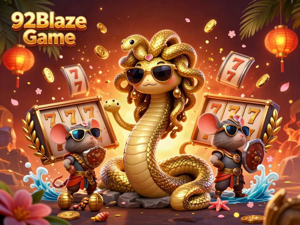 Immerse in the thrilling adventure of 92Blaze Game with vibrant characters amidst rich casino elements.