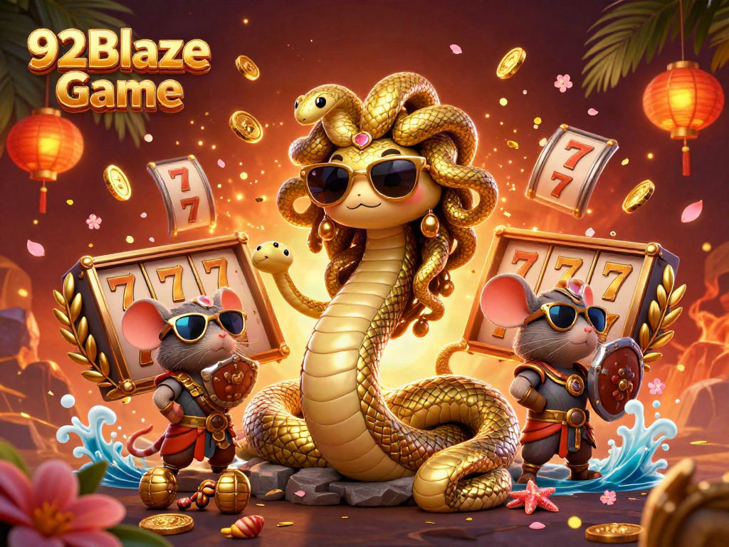 Immerse in the thrilling adventure of 92Blaze Game with vibrant characters amidst rich casino elements.