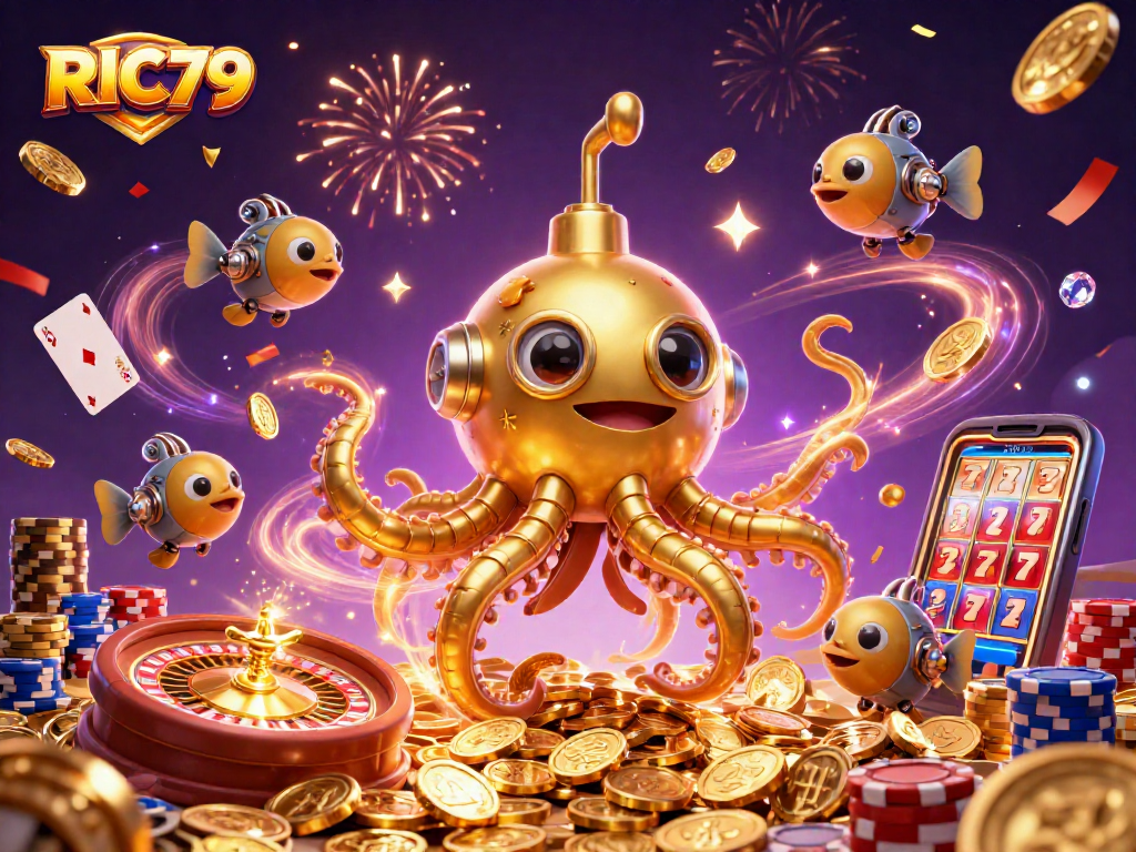 Experience thrilling gameplay at RIC79 with dazzling 3D casino-inspired elements and golden coins.
