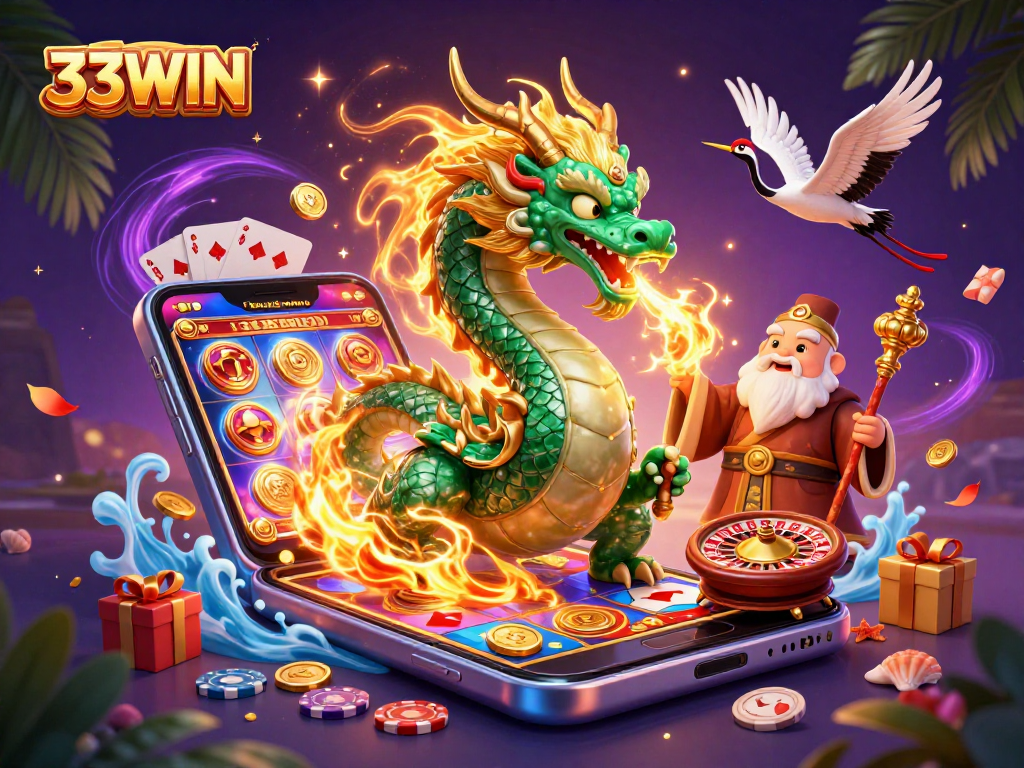 Experience thrilling gaming adventures with 33WIN in this vibrant 3D casino illustration.