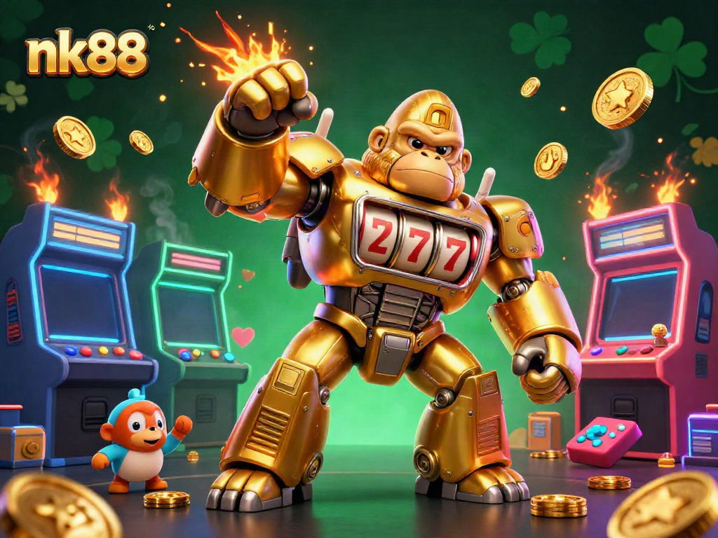 Experience thrilling gameplay with nk88's golden gorilla mech, soaring above colorful arcade game machines.