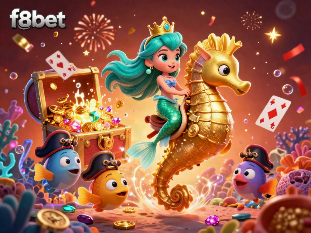 Experience excitement with f8bet as the vibrant mermaid princess rides a mighty seahorse amid treasure-filled underwater festivities.