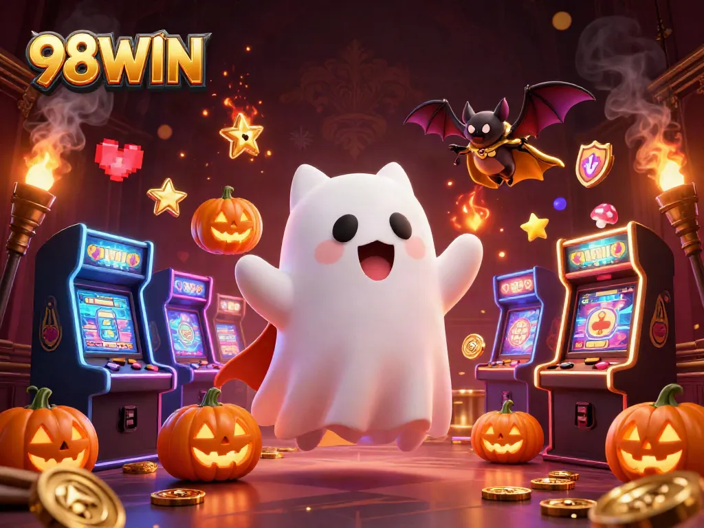 Experience 98WIN's thrilling haunted casino with a ghost cat and jack-o-lanterns.
