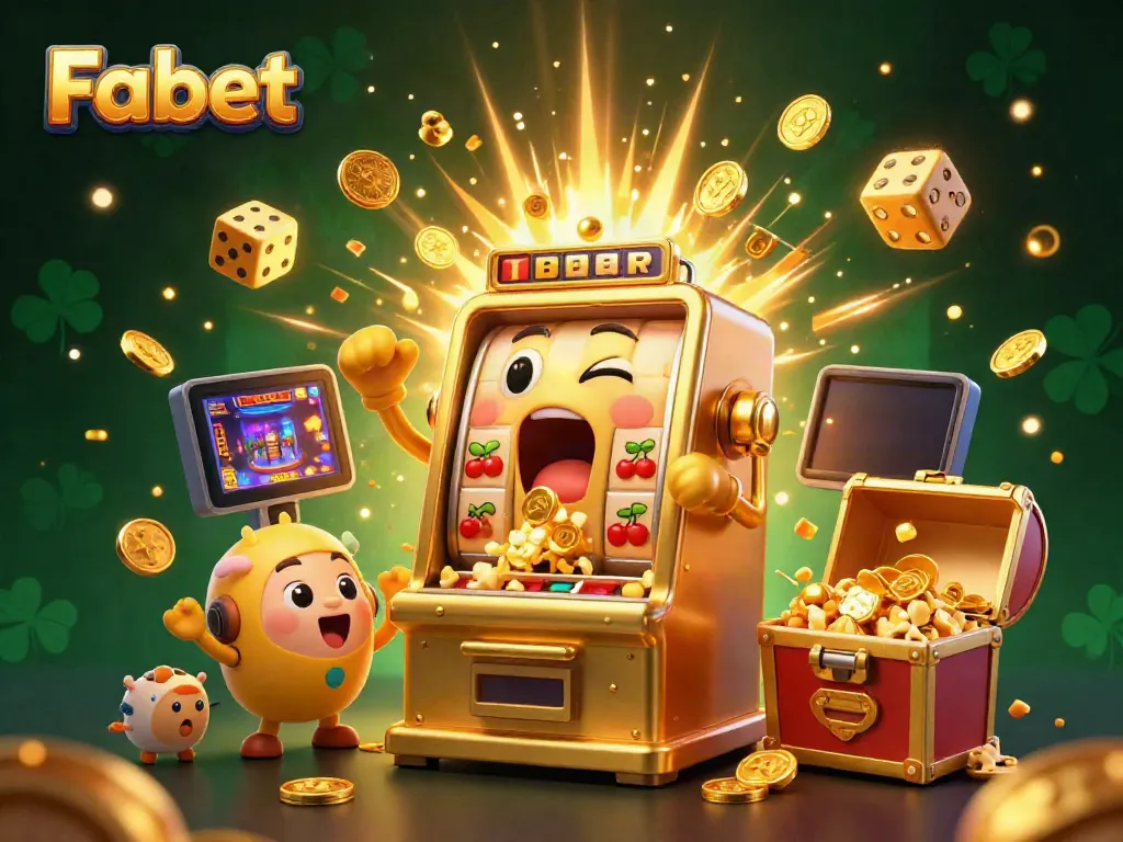 Fabet's golden slot machine celebrates a jackpot with coins pouring out, surrounded by cheering baby slots and a popcorn machine.