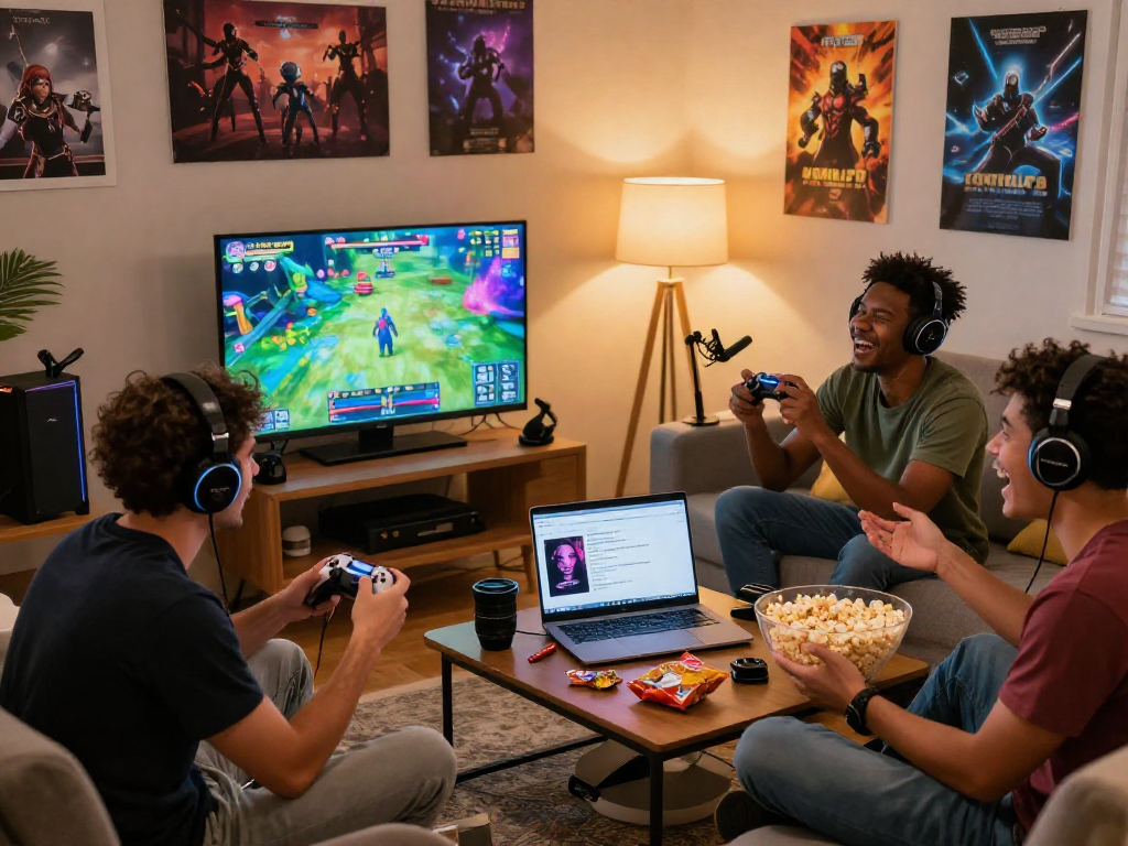 Group of friends enjoying online porn games together in a cozy living room.