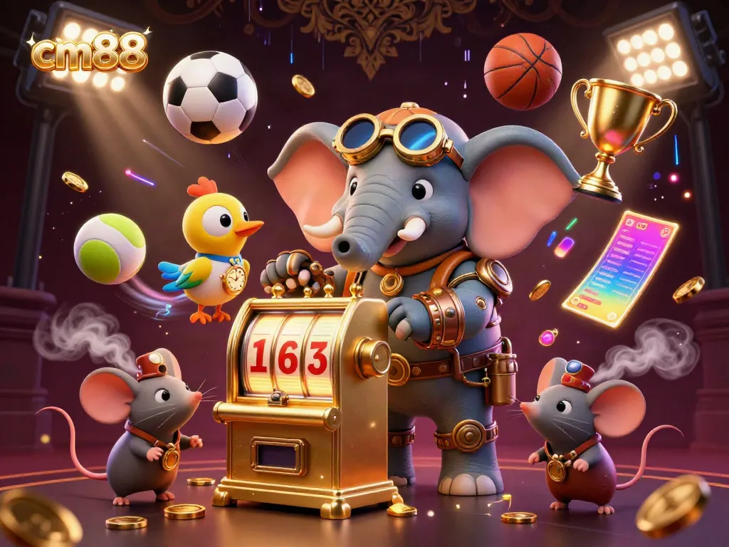Experience the thrill of gambling with cm88 as a steampunk elephant operates a golden slot machine surrounded by dynamic sports themes.